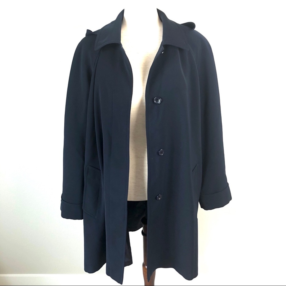 Dressy Rain Coat Navy Blue Lined Rain Jacket Removable Hood Women’s Size Large